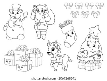 Coloring book for kids. Christmas theme. Cheerful characters. Vector illustration. Cute cartoon style. Black contour silhouette. Isolated on white background.