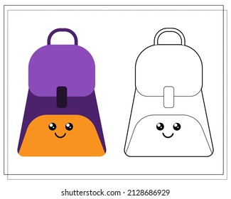 Coloring Book For Kids. Color A Cute Cartoon School Backpack Based On The Pattern. Vector Isolated On A White Background.