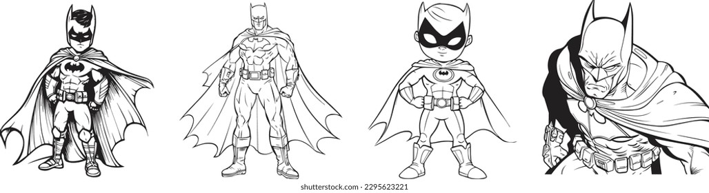 coloring book for kids, comic batman robin vector character, black and white, 100% editable colorable