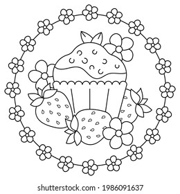 Coloring book for kids. Cupcake and strawberry berries, flowers. Sweet dessert. Vector illustration of print, decor. Round frame of small flowers.