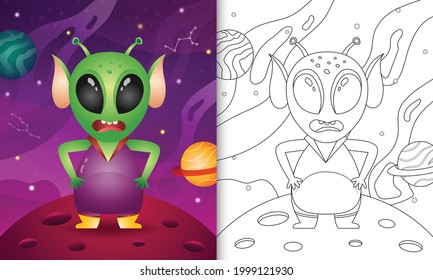 coloring book for kids with a cute alien in the space galaxy