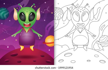 coloring book for kids with a cute alien in the space galaxy
