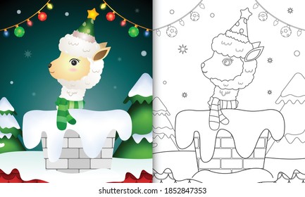 coloring book for kids with a cute alpaca using hat and scarf in chimney
