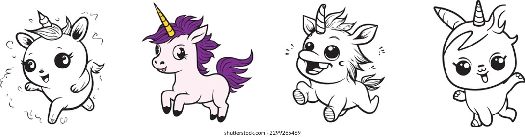 coloring book for kids, cute baby unicorn character, black and white, 100% editable colorable