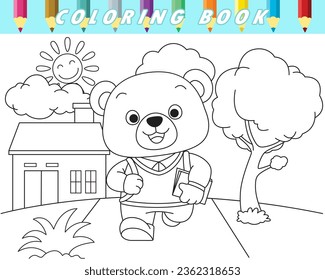 Coloring book for kids, cute bear going to school from home in the morning. Vector cartoon illustration