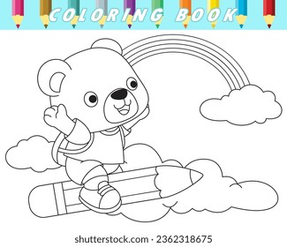 Libro de colores para los niños, oso lindo volando sobre el cielo con un lápiz grande. Ilustración de dibujos animados