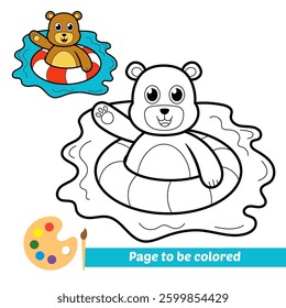 coloring book for kids, cute bear is swimming with a buoy  vector