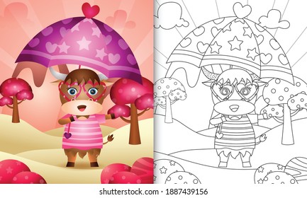 coloring book for kids with a cute buffalo holding umbrella themed valentine day