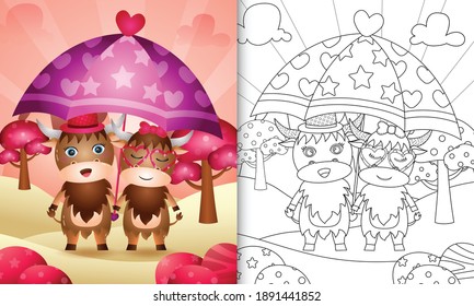 coloring book for kids with a cute buffalo couple holding umbrella themed valentine day