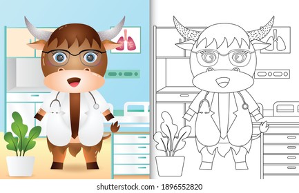 coloring book for kids with a cute buffalo doctor character illustration