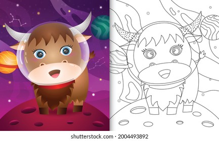 coloring book for kids with a cute buffalo in the space galaxy