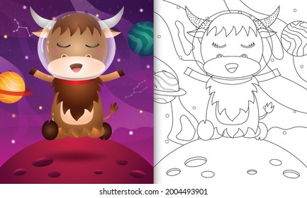 coloring book for kids with a cute buffalo in the space galaxy