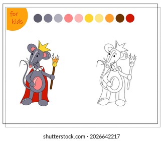 coloring book for kids, cute cartoon rat, rat king. vector isolated on a white background