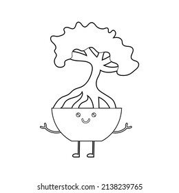 Coloring book for kids, cute cartoon flowers in a kawaii pot. Vector isolated on a white background.