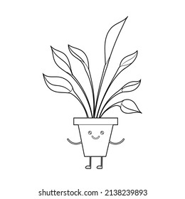 Coloring book for kids, cute cartoon flowers in a kawaii pot. Vector isolated on a white background.