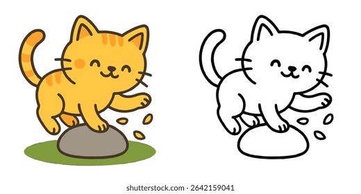 Coloring Book For Kids Cute Cartoon Kitten balancing on rock Vector Illustration