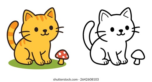 Coloring Book For Kids Cute Cartoon Cat beside tiny mushroom Vector Illustration