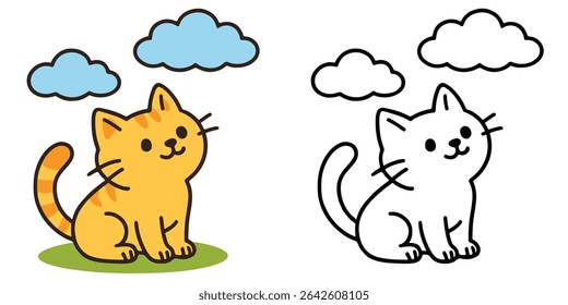 Coloring Book For Kids Cute Cartoon Cat watching floating clouds Vector Illustration