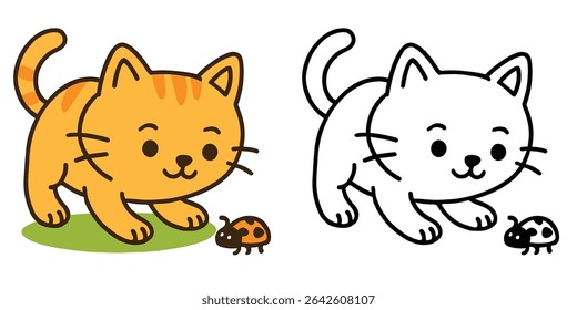 Coloring Book For Kids Cute Cartoon Curious cat watching ladybug Vector Illustration