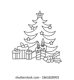 Coloring book for kids. Cute Christmas or winter doodle composition. Hand-drawn vector sketch