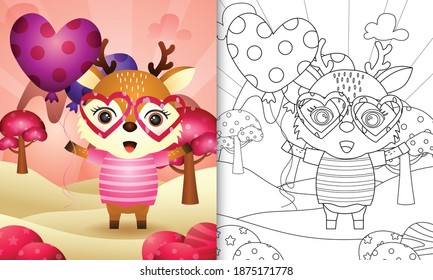 coloring book for kids with a cute deer holding balloon themed valentine day