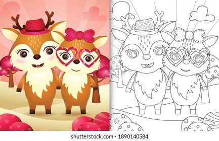 coloring book for kids with a cute deer couple themed valentine day