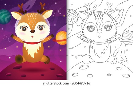 coloring book for kids with a cute deer in the space galaxy