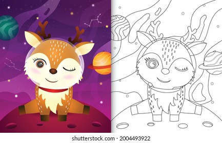 coloring book for kids with a cute deer in the space galaxy