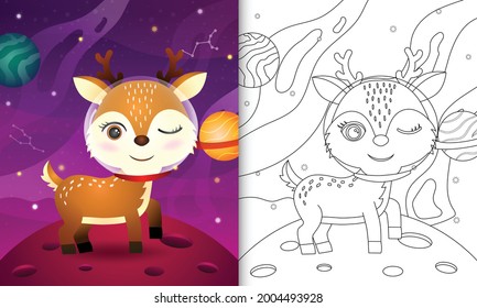 coloring book for kids with a cute deer in the space galaxy