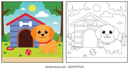 libro para colorear para niños con una linda ilustración de personaje de perro