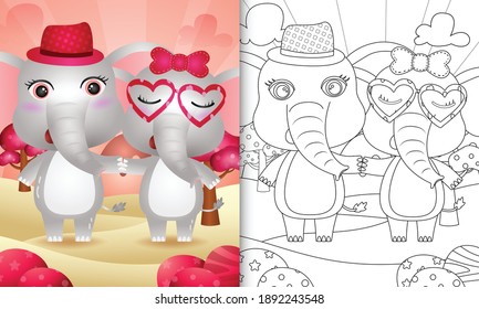 coloring book for kids with a cute elephant couple themed valentine day