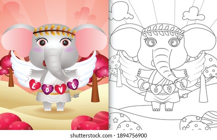 coloring book for kids with a cute elephant angel using cupid costume holding heart shape flag