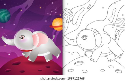 coloring book for kids with a cute elephant in the space galaxy
