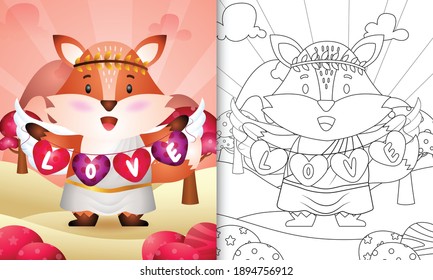 coloring book for kids with a cute fox angel using cupid costume holding heart shape flag