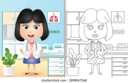 coloring book for kids with a cute girl doctor character illustration