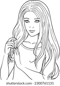 coloring book for kids, cute girl holding hairs, black and white, 100% editable colorable