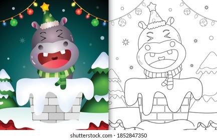 coloring book for kids with a cute hippo using santa hat and scarf in chimney