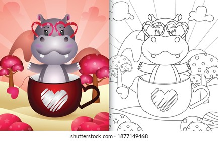coloring book for kids with a cute hippo in the cup themed valentine day