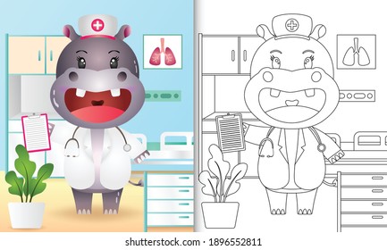 coloring book for kids with a cute hippo nurse character illustration