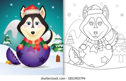 coloring book for kids with a cute husky dog using santa hat and scarf in christmas ball