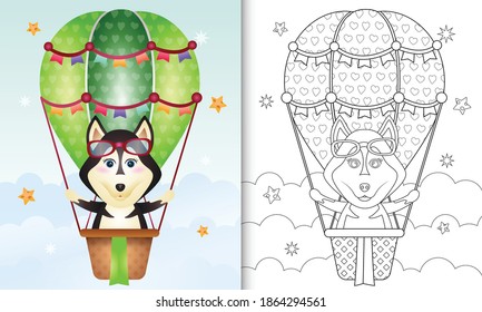 coloring book for kids with a cute husky dog on hot air balloon