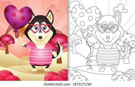 coloring book for kids with a cute husky dog holding balloon themed valentine day