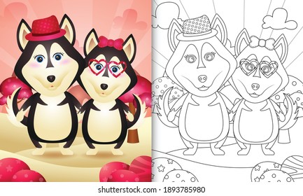 coloring book for kids with a cute husky dog couple themed valentine day