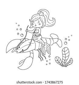 Coloring book for kids. Cute kawaii mermaid ride on lobster. Creative page for girls. Vector cartoon characters.