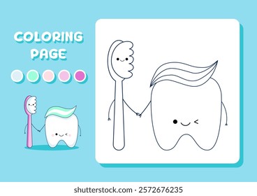 Coloring book for kids with cute kawaii tooth and toothbrush. Teaching children about dental care and oral care