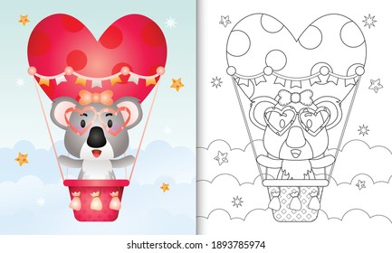 coloring book for kids with a cute koala female on hot air balloon love themed valentine day