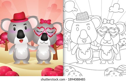 coloring book for kids with a cute koala couple themed valentine day
