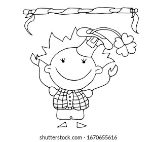 Coloring book for kids - cute leprechaun cartoon character. St Patricks day. 17 March. Black and white cute cartoon hand drawing kids. Vector illustration.	