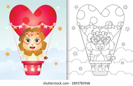 coloring book for kids with a cute lion female on hot air balloon love themed valentine day