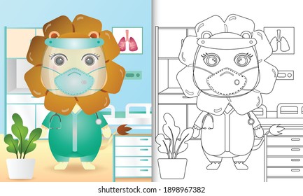 coloring book for kids with a cute lion character illustration using medical team costume